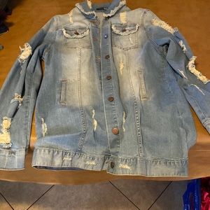 Distressed long Jean shirt jacket
